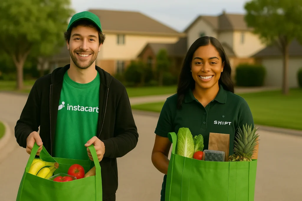 Two smiling grocery delivery workers—one from Instacart and the other from Shipt—stand side by side in a suburban neighborhood, holding green bags filled with fresh produce like bananas, pineapples, lettuce, and peppers.