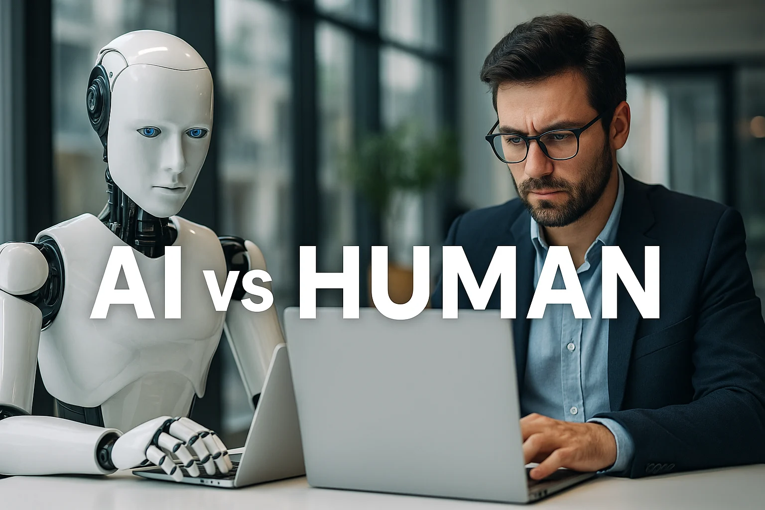 AI vs Human collaboration visualized with a split-screen of a robotic hand and a human hand working on a digital task, highlighting the gig economy's future