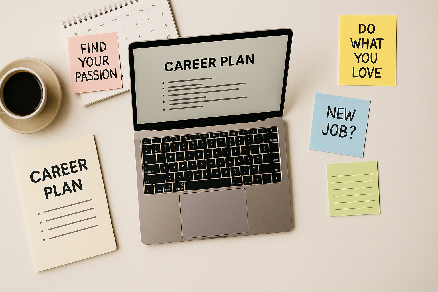 Flat lay of career planning tools with a laptop, notes, and coffee used to explore How to Pick a Trending Job That Fits Your Lifestyle.