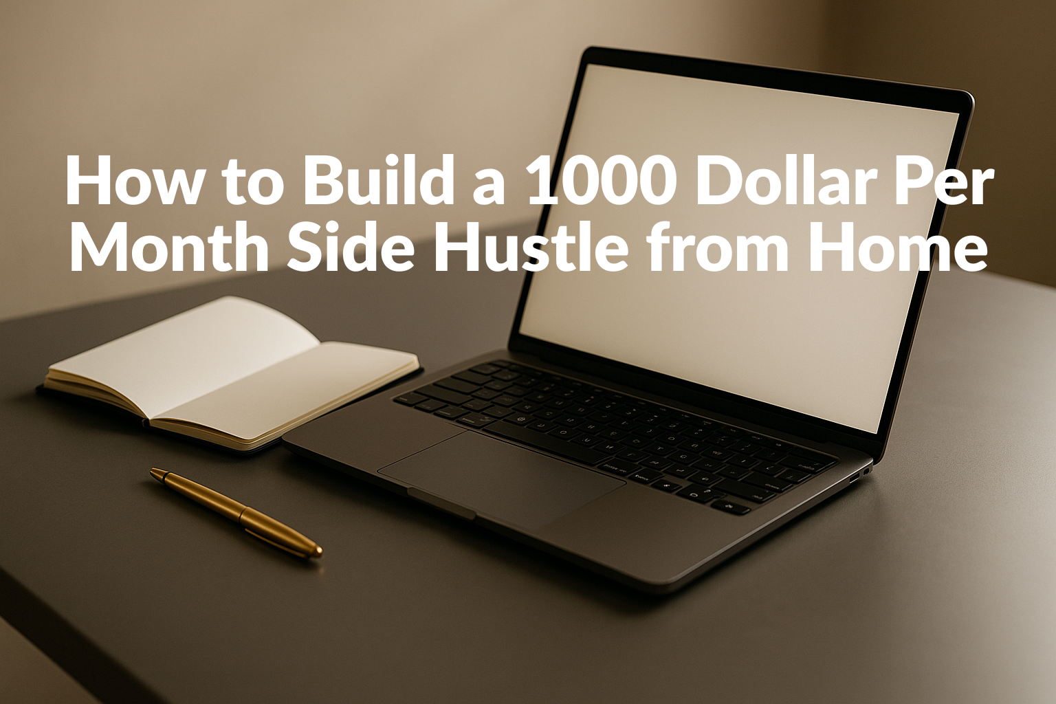 A clean workspace with a laptop and notebook on a desk, soft natural light, and a gold pen placed beside the notebook.