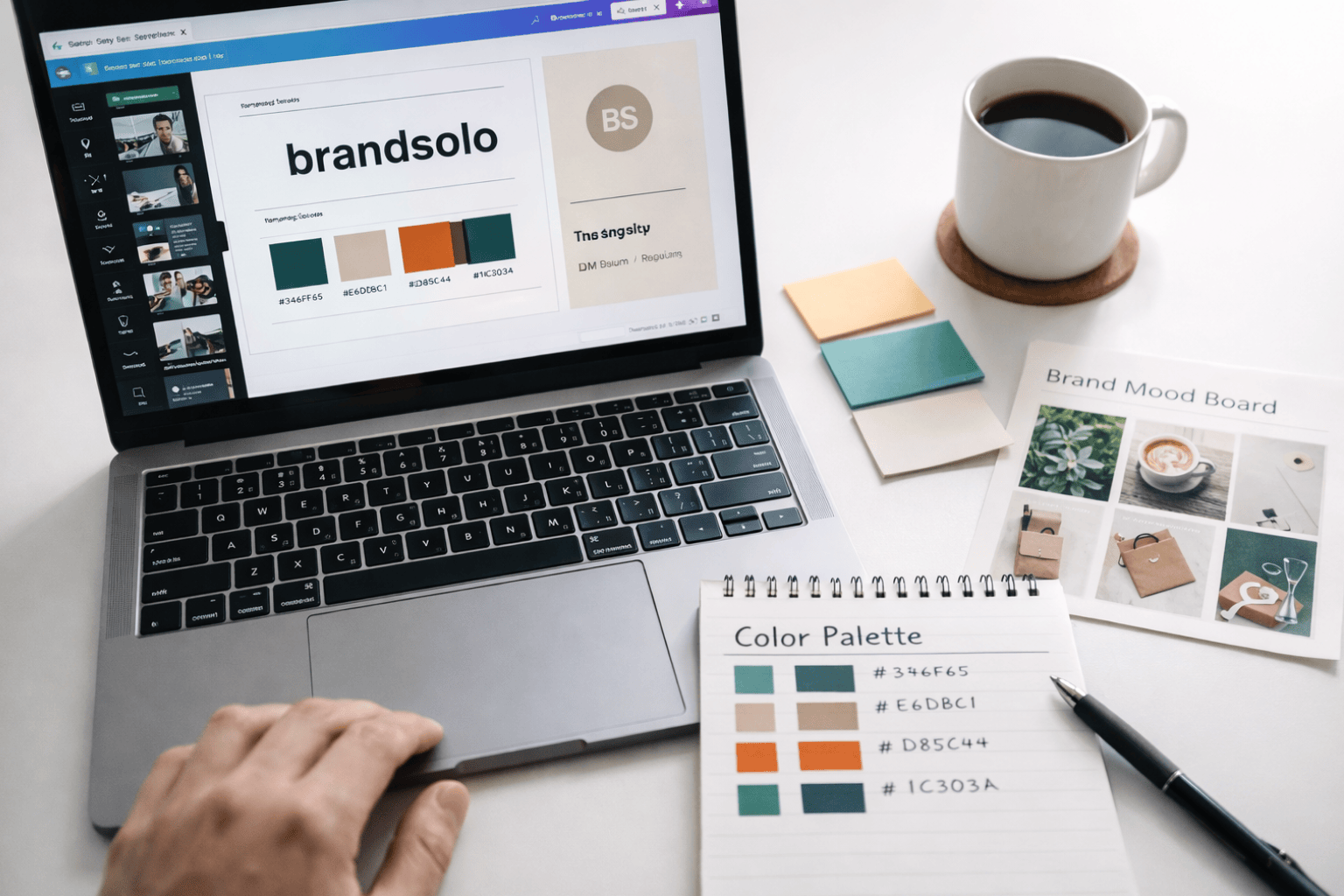 Remote freelance jobs without a degree workspace with a laptop showing Canva style design elements, a color palette notebook, a brand mood board, and coffee cup in bright light.