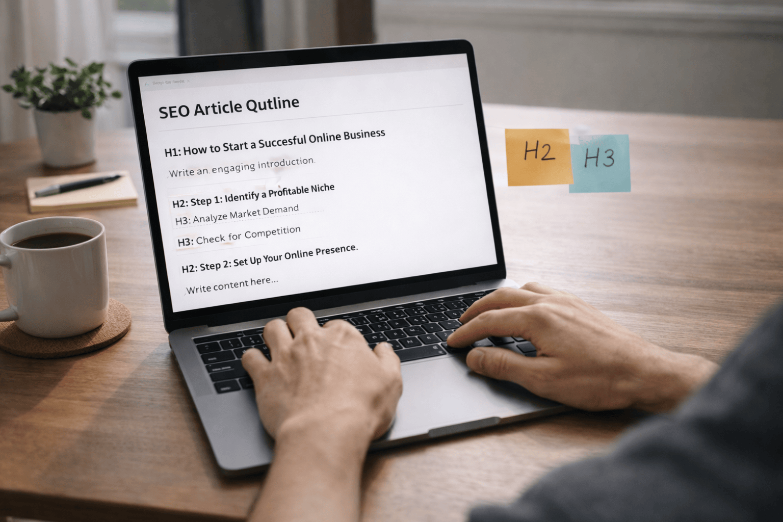 Remote freelance jobs without a degree writing scene with an SEO article outline on a laptop and sticky notes labeled H2 and H3 on a minimal desk.